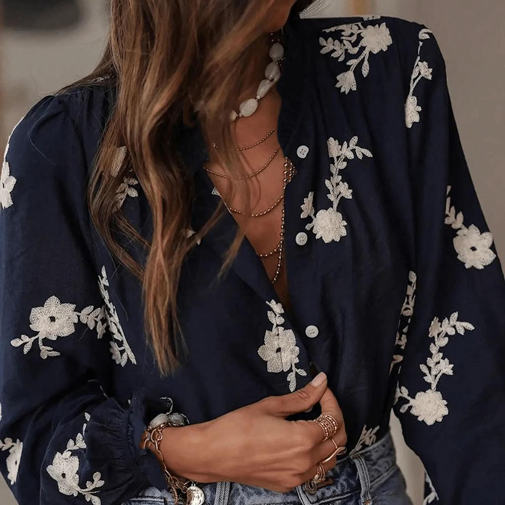 Women's Fashion Cardigan With Puff Sleeves, Ruffled Collar And Embroidered Casual Shirt Top
