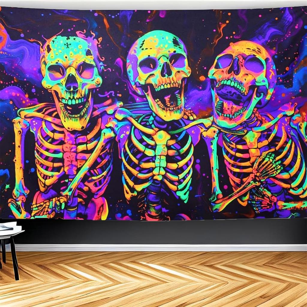 CJSLIFEART Blacklight Skull Tapestry Percussion Small Concert Fluorescent Starry Sky Bedroom Tapestry Background Wall Decoration