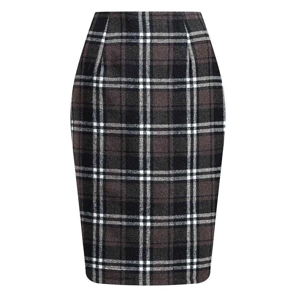 High-Waisted Women's Plaid Pencil Skirt - Knee-Length Wool Skirt for Autumn and Winter