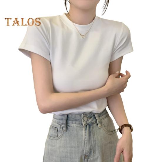 Women Slim Fit T-shirt O-neck Short Sleeve Pullover Tops Solid Color Stretchy Soft Tee Shirt Streetwear