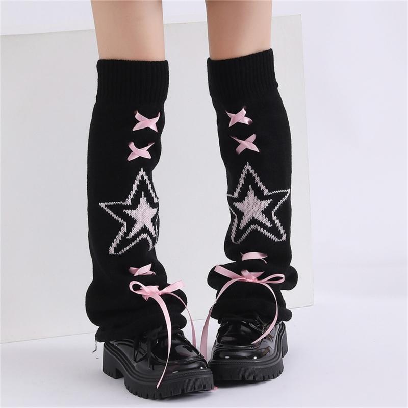 Women's Punk Star Pattern Knitted Leg Warmers with Ribbon Bows Flared Boot Covers Knee Length Socks Japanese Streetwear