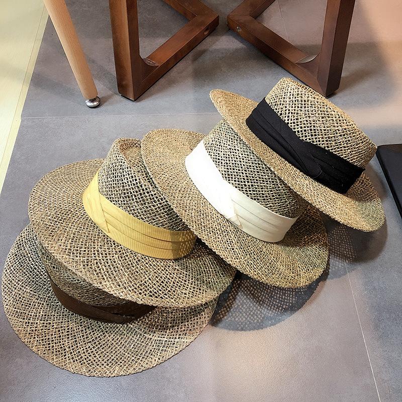 2025Women's Summer Straw Hat - British-style Flat Top Raffia Sun Hat with Openwork Design for Beach & UV Protection
