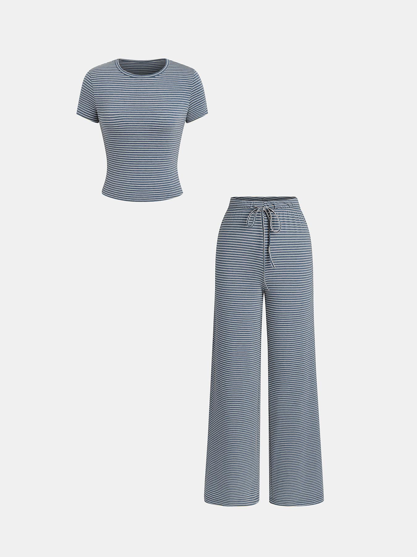 

Niche Striped Women s Set: Short-Sleeve T-Shirt & Drawstring Straight-Leg Pants, Slimming Medium сине серый