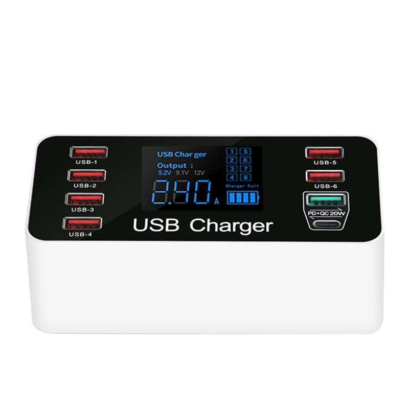 8-Port USB Charger QC3.0 Fast Charging with Smart Display & PD20W for Phones & Tablets