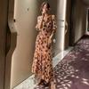 Women's V Neck Five Flutter Sleeve Vintage Abstract Color Block Print Chiffon Maxi Dress High Waist A Line Elegant Summer Long Dress