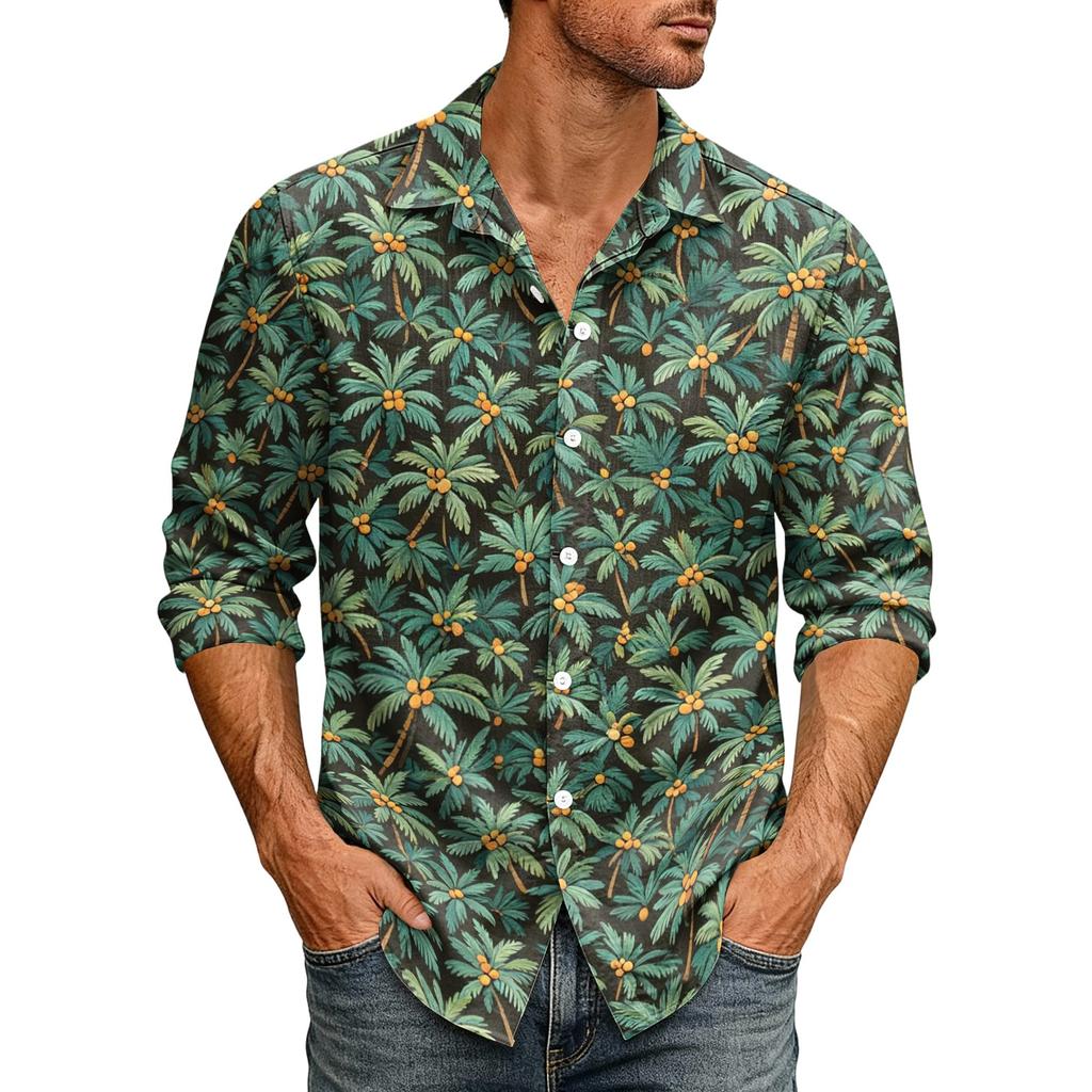 Men's Loose Fit Long Sleeve Shirt Hawaiian Style Button Down Collar Casual Vintage Design Lightweight Breathable Fabric Suitable for Spring Autumn
