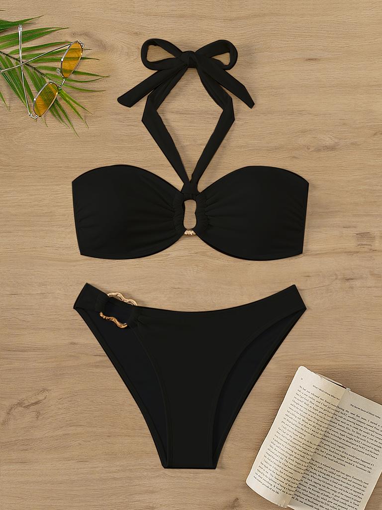 Solid Color Halter Strap Tube Top Sexy Bikini Split Swimsuit