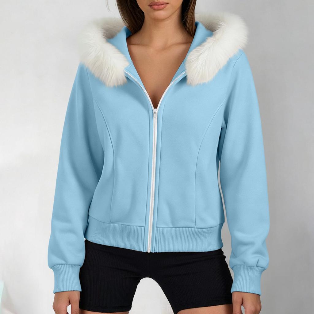 Women's Color Long Sleeve Hooded Zip Up Jacket with Pockets and Faux Collar
