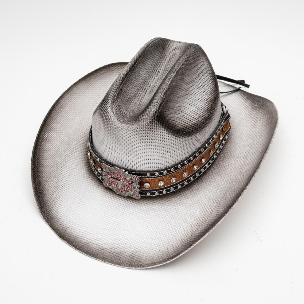 (M, White) Straw Sun Hat Breathable Western Style Cowgirl Hat Stylish Bull Head Belt Wide Brim Beach Cap
