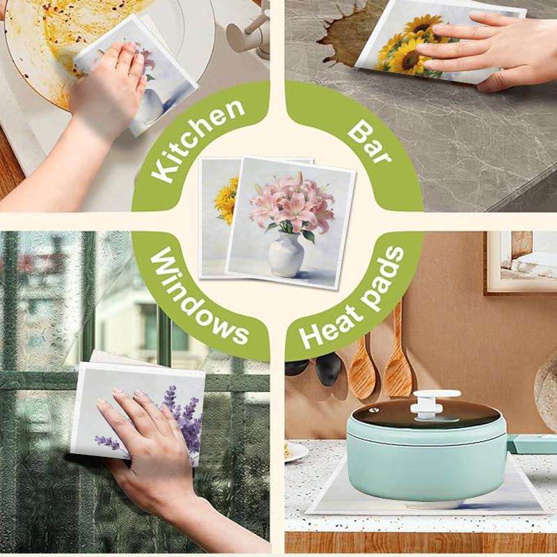 6PCS Cleaning Dishcloths Reusable Kitchen Dish Towels Absorbent Arrange Flower Pattern Dishcloth Lint Free Cloth Washable Duster Rags Tea Towels