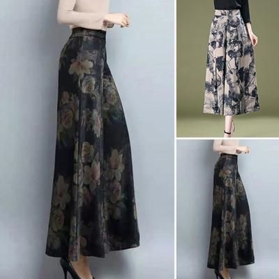 Damen-Rockhose, Retro-Druck, weites Bein, locker, elastisch, hohe Taille, tiefer Schritt, A-Linie, gefälschter Rock, knöchellang, neunte Hose, Mutterhose für Frauen mittleren Alters