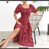 European and American Square Collar Bubble Sleeve Floral Dress Vacation French Retro Waist Pendulum Medium and Long Dress