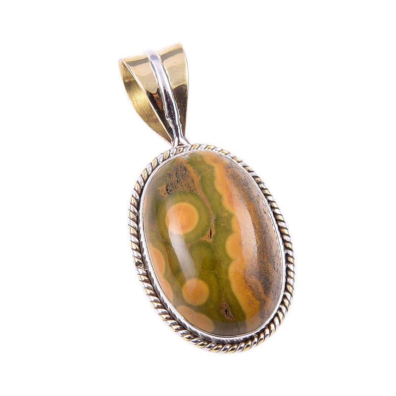 Pendentif cadeau bicolore en argent sterling 925 et jaspe océanique naturel, 3,2 cm, b6U50