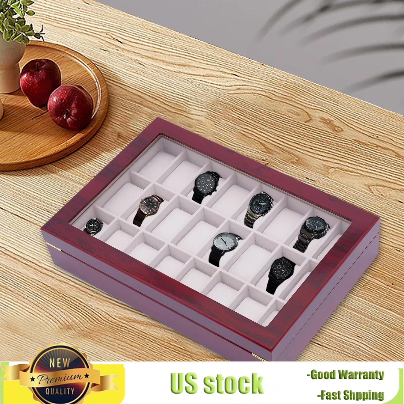 

Bymaocar Винтажная деревянная коробка для часов и колец с 24 отделениями, органайзер-витрина для браслетов со стеклянной крышкой и запирающейся застежкой для мужчин и женщин кларет