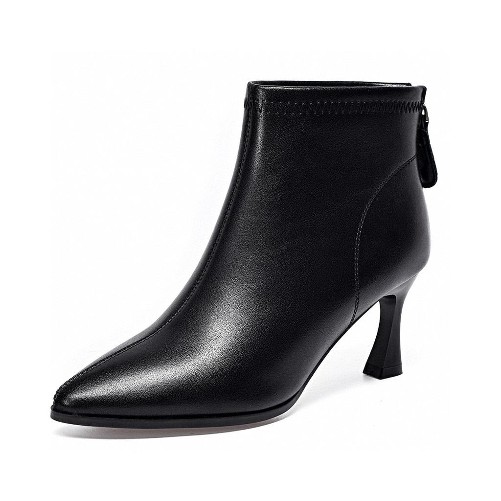 Pointed short boots women's autumn and winter simple temperament fashion boots black thin rear zipper leather boots cotton boots