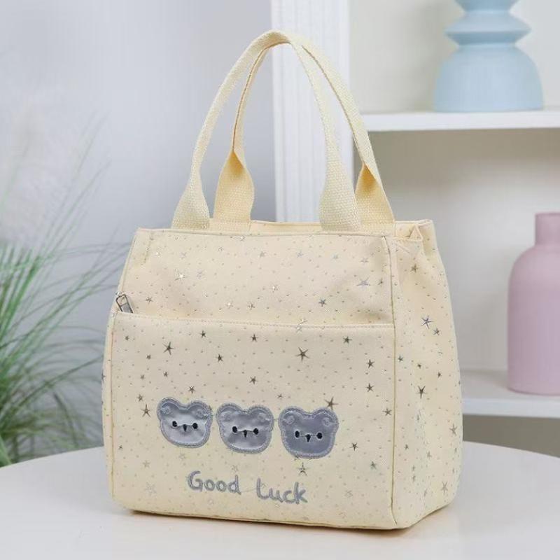 Cute Bear Head Printing Sparkling Star Casual Versatile Large Capacity Tote Bag Travel Commuter Office Worker Lunch Bag светло-желтого