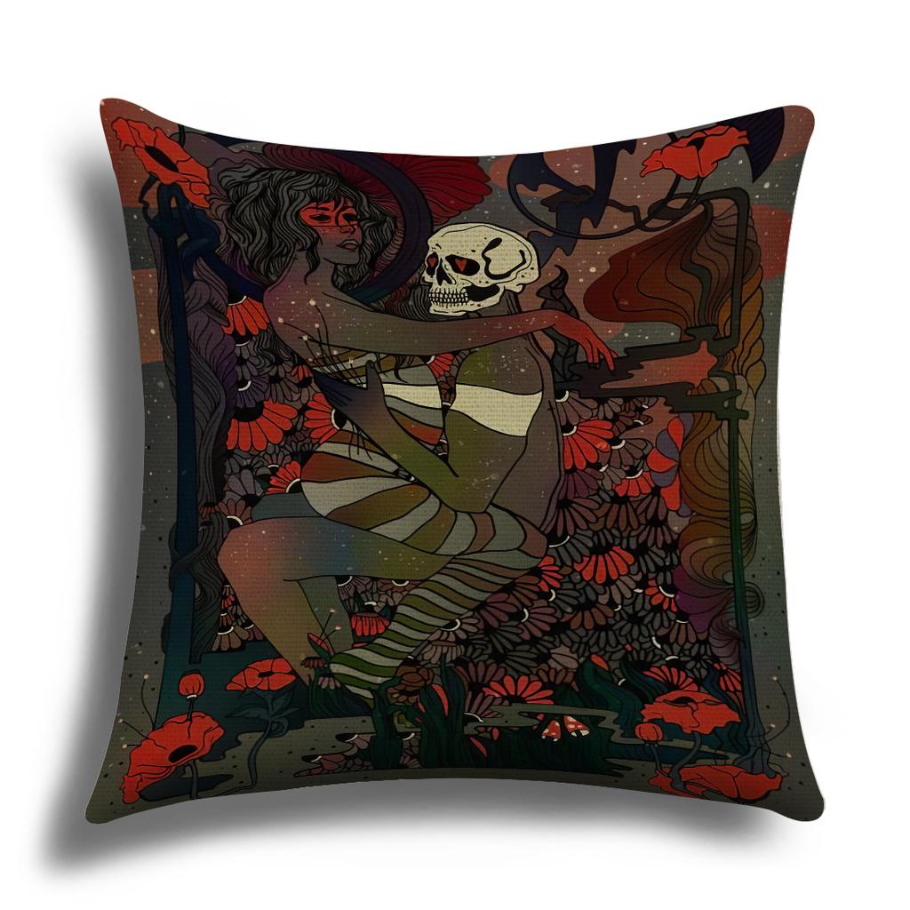 Classic Retro Girl Skull Illustration Cushion Cover Pillow Cover Sofa Cushion Cover Living Room Bedroom Soft Home Decoration