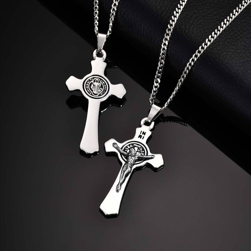 Vnox Stainless Steel Saint Benedict Cross Necklace, 28*53.5mm Jesus Crucifix Pendant Link Chain, Catholic Religious Gift for Men