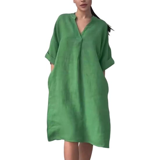 Robe d'été pour femmes, col en V, neuvième manche, coupe trapèze, ample, couleur unie, avec poches latérales, longueur genou