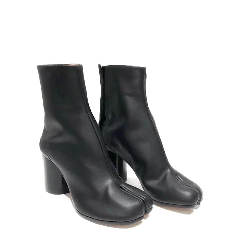 Luxury Brand Design Leather Tabi Boots Fashion Round Chunky High Heel Ankle Boots For Women Autumn Winter Split Toe Shoes