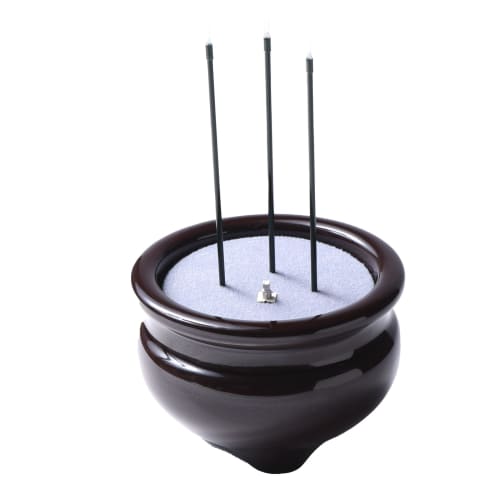 Hasegawa Buddhist Altar, Sanyasuragi Electronic Incense Sticks with Red Glowing Tips, 3-Stem (3-Inch), Brown, with Ceramic Incense Burner, Battery Inc