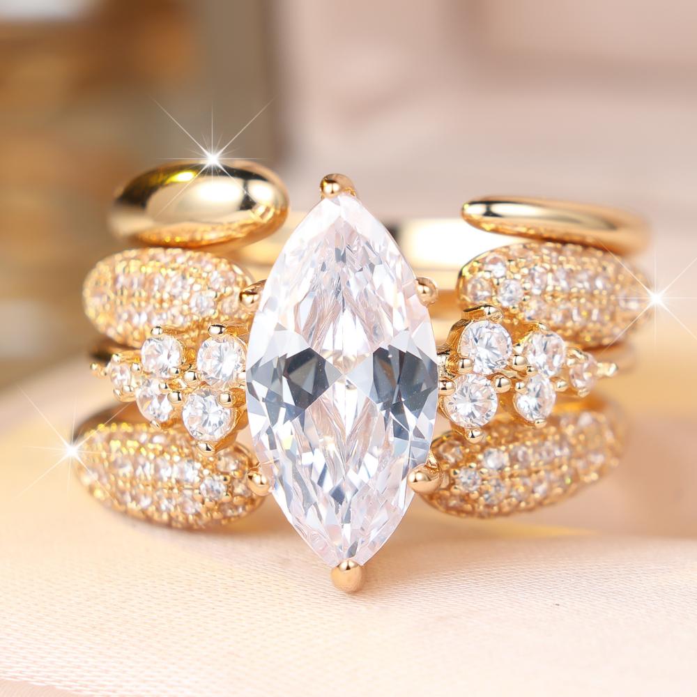 Stunning Gold Color Marquise Zircon Ring Set for Women Wedding Banquet Fashion Jewelry Gift