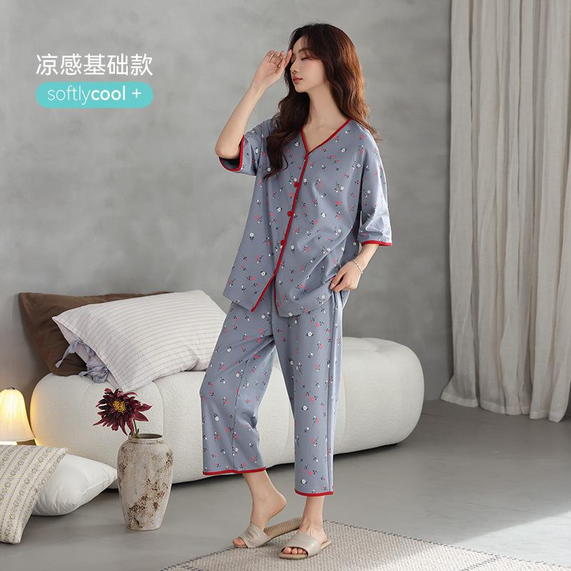 Pajamas women's pure cotton summer five-point-sleeved seven-point pants summer cool thin cotton half-sleeved large-size mother loungewear