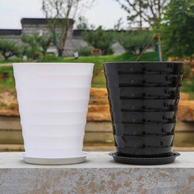 Large Ribbed Terracotta Flower Pot with Tray, Available In White or Black Porcelain, Suitable for Bonsai and More
