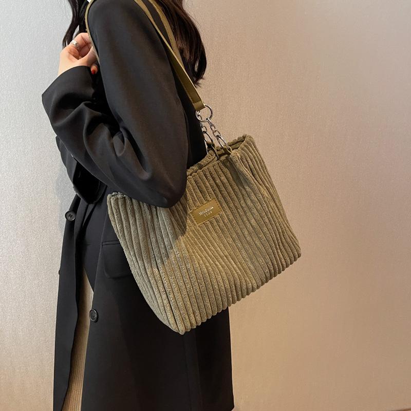 Women Corduroy Shoulder Bag Solid Color Handbag Shoulder Strap Large Capacity Simple Multifunctial Design Casual Totes