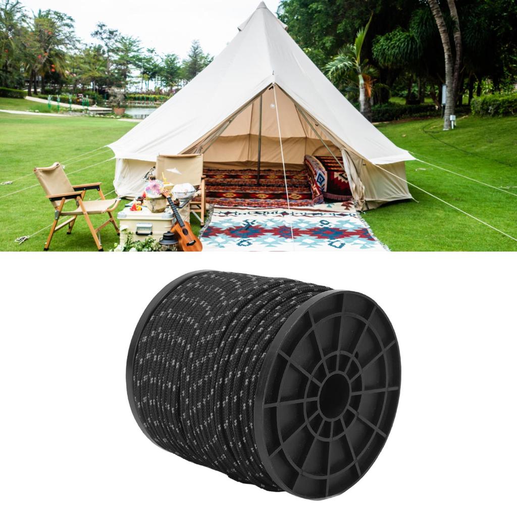 Reflective Camping Rope Texture Weaving 164ft 4mm Polyester Parachute Cord for Travel Hiking Backpacking Black