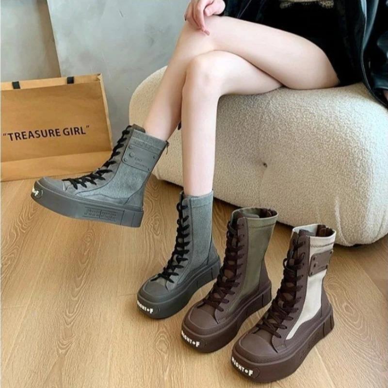 Fashion 2024 Winter Boots Women's Thick-soled Shoes Short Boots Rain War Military Short Leather Black New Rock Punk Goth Women's Shoes