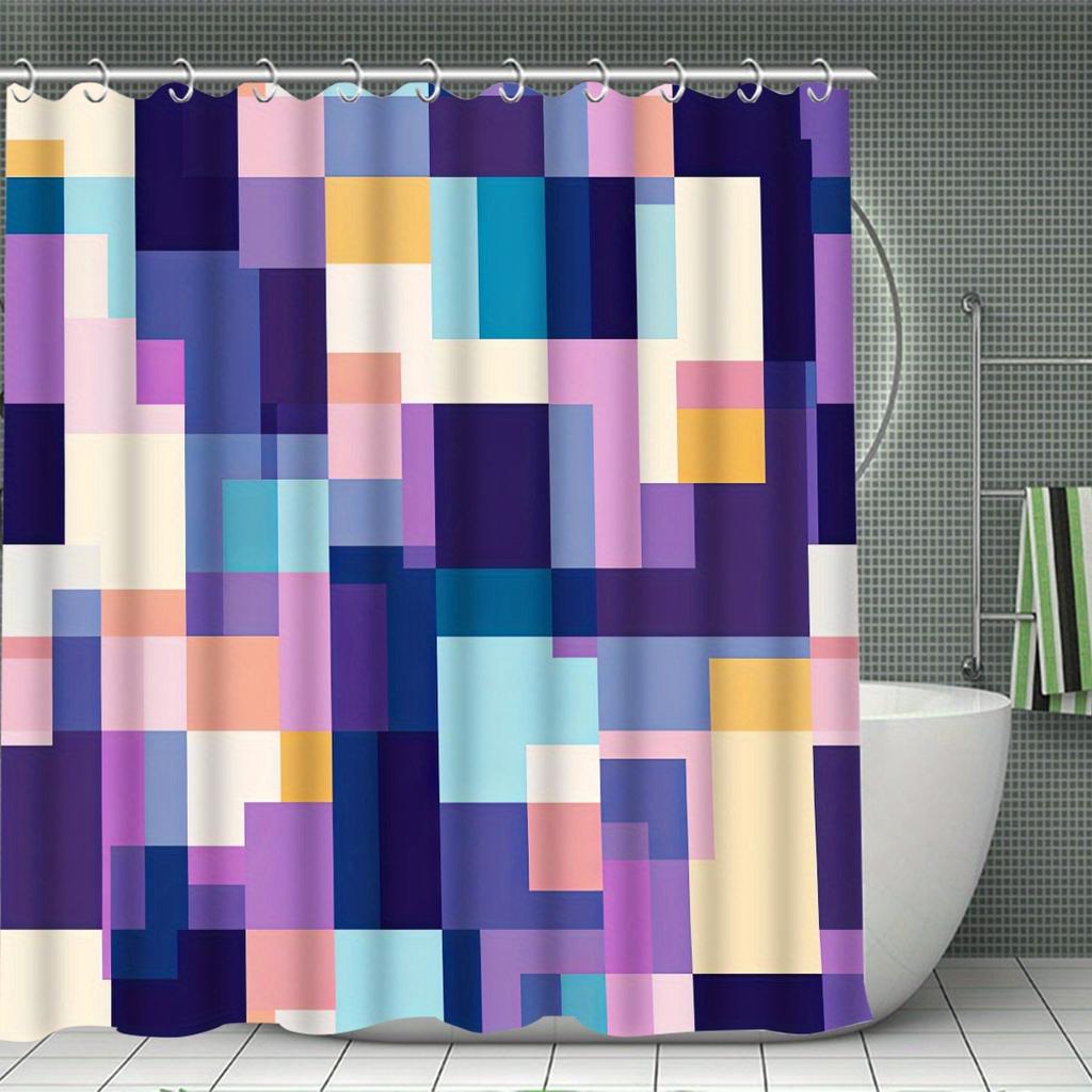 Creative Grid Shower Curtain & Bathroom Set - Vibrant Geometric Design, Machine Washable Polyester, 12 Hooks, Toilet Seat Cover