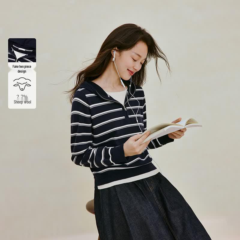 INMAN Women s Faux Layered Striped Half-Zip Hooded Sweater M