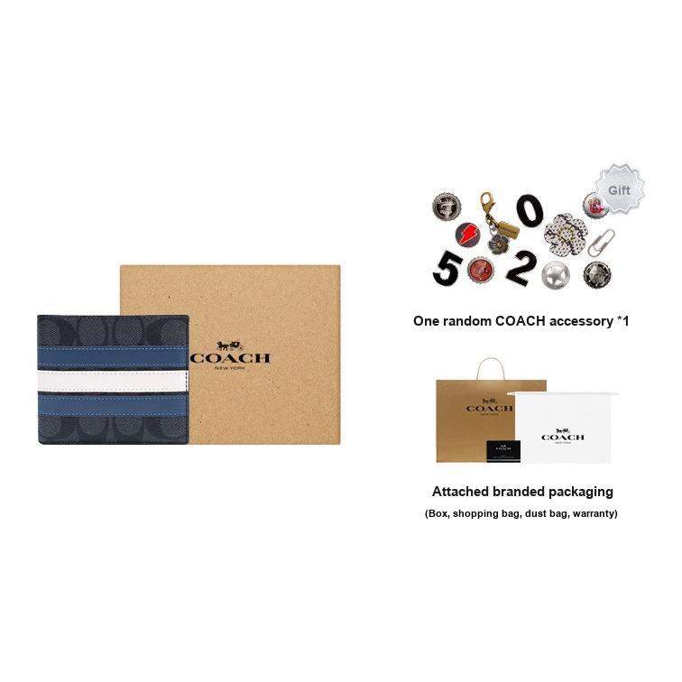 New COACH 3 IN 1 Wallet Canvas With Leather 3 in 1 Wallet Men's Old Flower Black/Blue White Stripes 3008-QBOH0