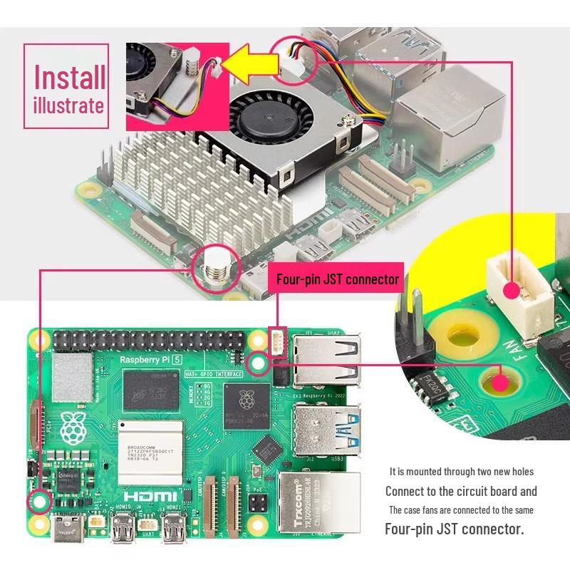 Raspberry Pi 5 Silent Cooling Fan & Aluminum Heat Sink with Fast Heat Conduction