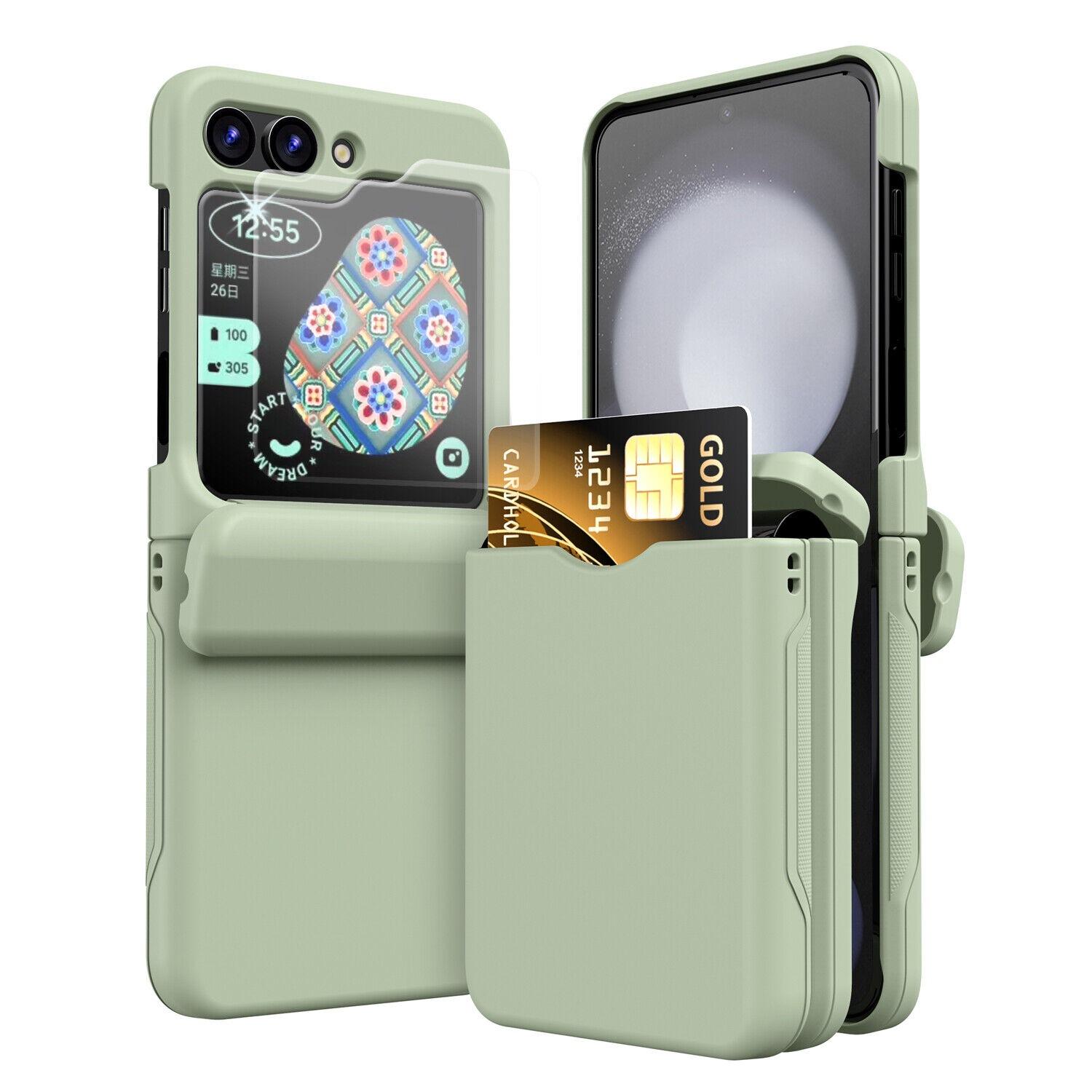 

Для Samsung Galaxy Z Flip 6 держатель для карт защитный экран и шарнирный жесткий чехол зелёный