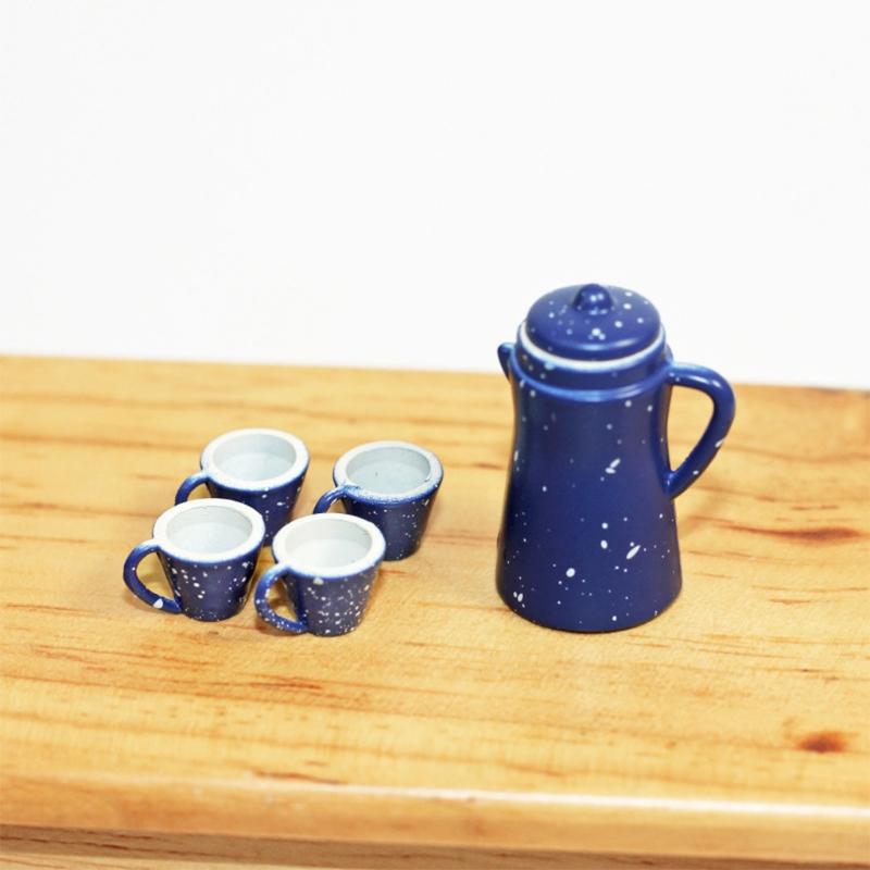 Dollhouse Scaled Mini Tea Pot & Cups Pretend for Play Kitchen Appliance Toy Doll House Accessories Toddler Interacti