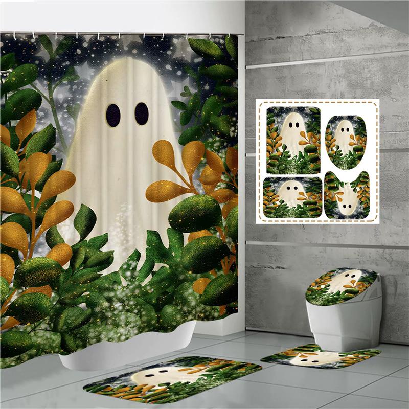 HOT Halloween Ghost Pumpkin Skull Shower Curtain Set with Non-Slip Rugs Toilet Lid Cover and Bath Mat Washable Trick or Treat