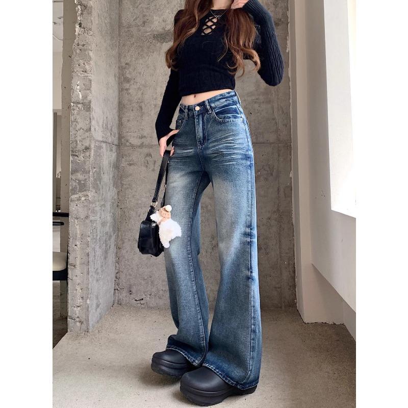 Womens High Waist Vintage Wash Flare Jeans Y2K Low Rise Bootcut Denim Trousers Streetwear