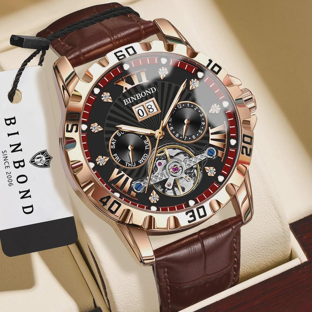 BINBOND Automatic Tourbillon Mechanical Wristwatches for Men Luxury Luminous Waterproof Men's Business Watch