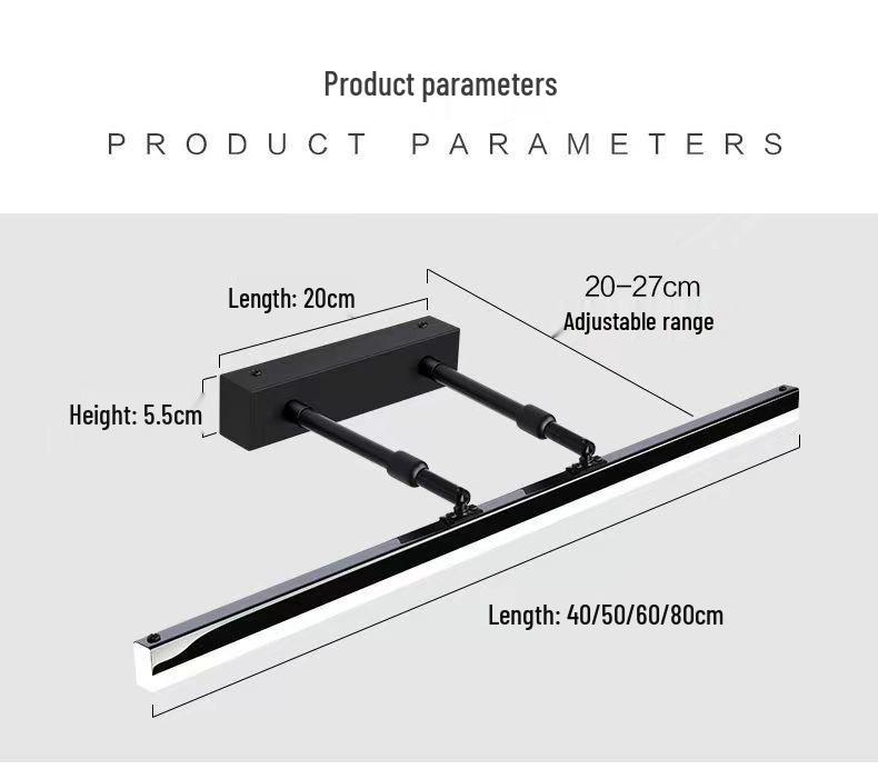 Waterproof LED Vanity Light with Retractable Bracket and Mist-Proof Acrylic Shade for Bathroom Mirrors.