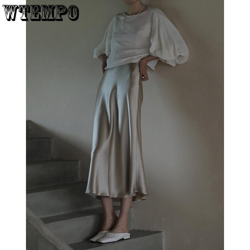 

WTEMPO элегантные женские однотонные юбки, корейская атласная шелковая тонкая юбка трапециевидной формы, офисные женские длинные летние юбки цвета шампанского, черные