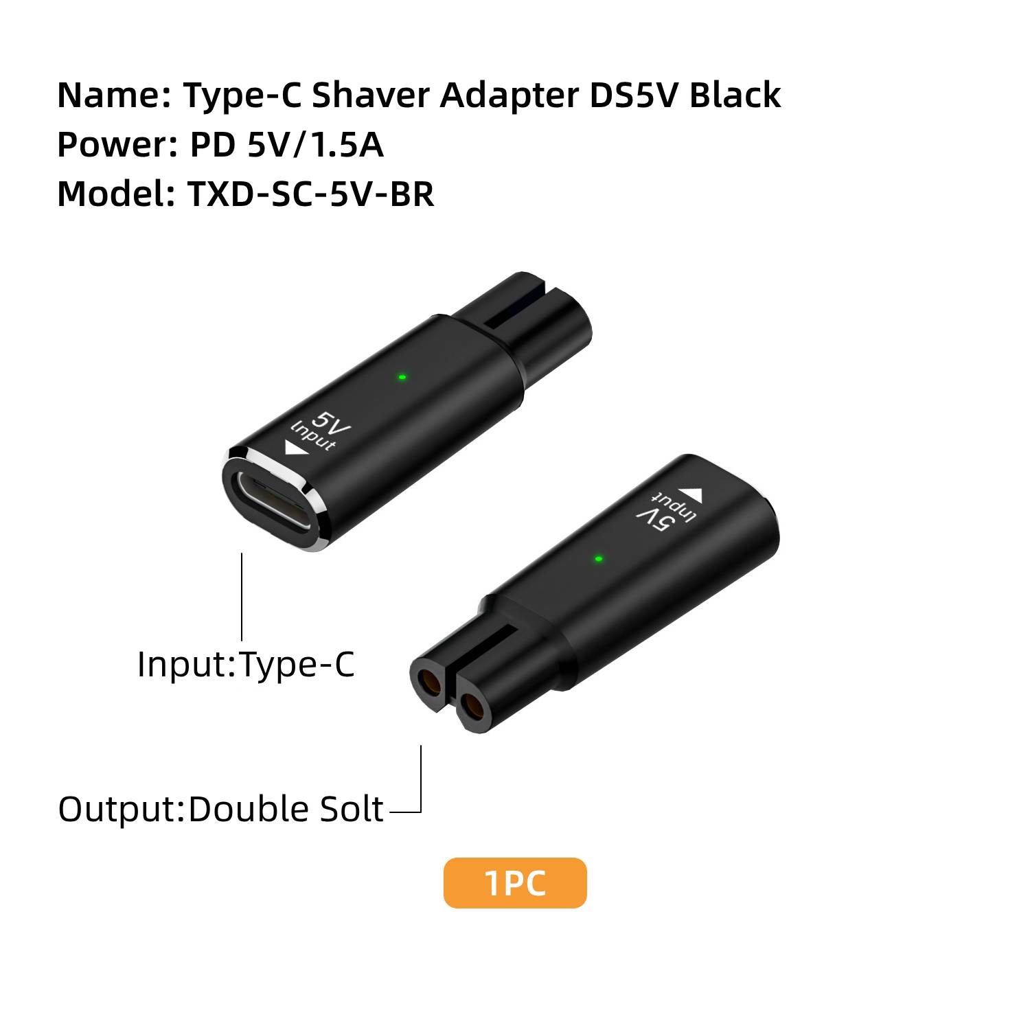 

Зарядный адаптер-преобразователь 5 В Type-C для бритвы Philips One Blade QP2724 QP2834 QP4530 QP1924 с индикатором зарядки чёрный