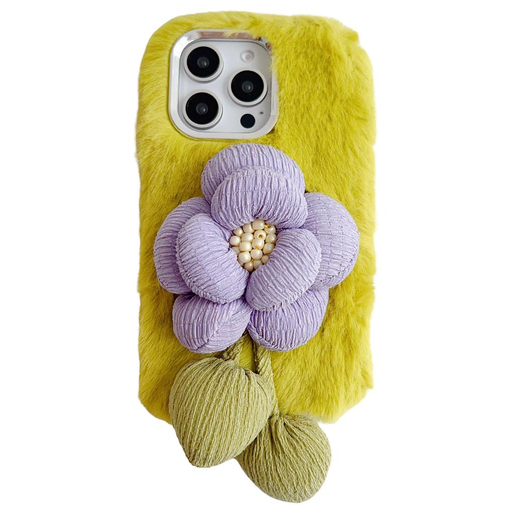 For iPhone 16 Pro Plush Phone Case 3D Flower Decor Fluffy TPU Back Cover