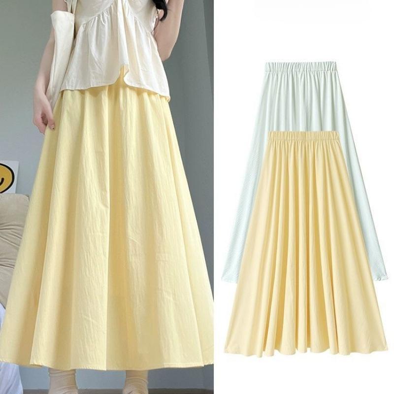 Damen Sommer Gelb Eisseide Halbrock Dünn Hochtailliert A-Linie Schlankmachender Schirmrock Plissierter Langer Rock