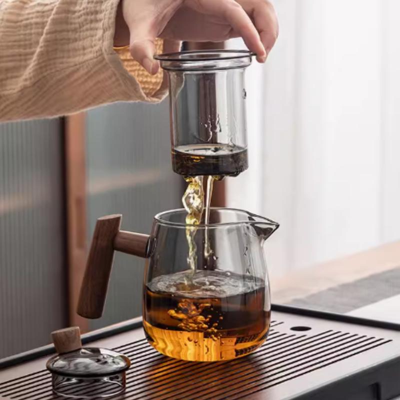 Glass teapot, wooden handle, Chinese tea ceremony, transparent tea set, cup filter, high borosilicate Japanese pot