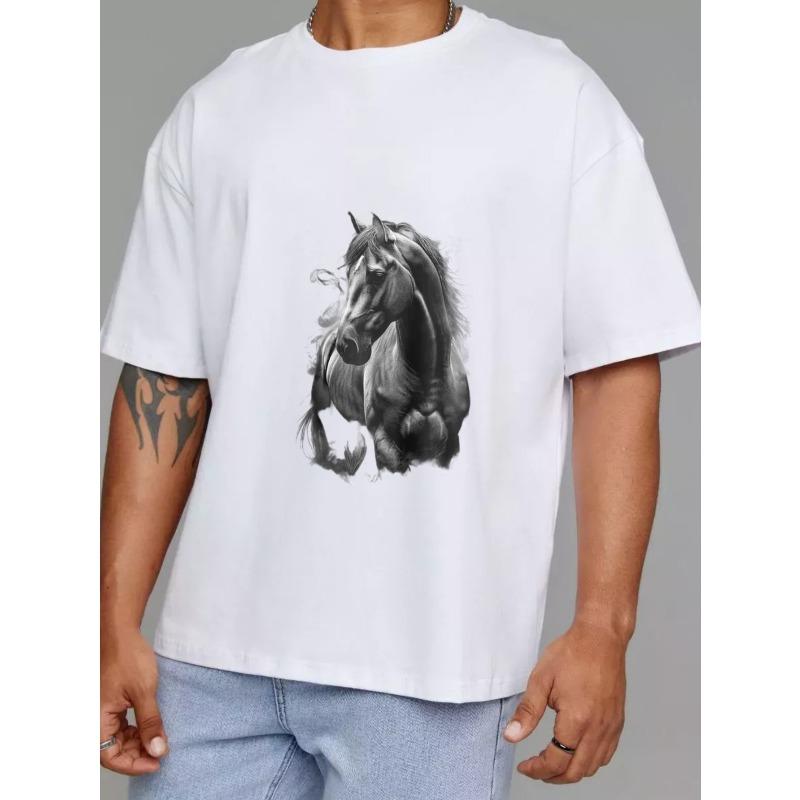 Men's White T-Shirt Horse Graphic Print Casual Wear