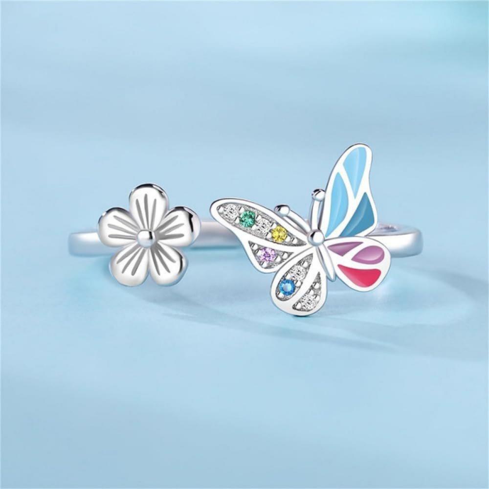 Female White Zircon Stone Rainbow Enamel Butterfly Flower Adjustable Open Ring Vintage Rose Gold Silver Color Jewelry For Women