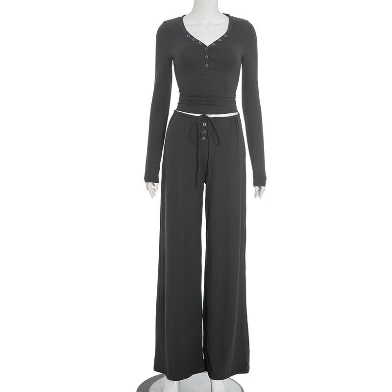 

Light Pink V-Neck Button Down Top and Drawstring Waist Wide Leg Pants 2 Piece Set L
