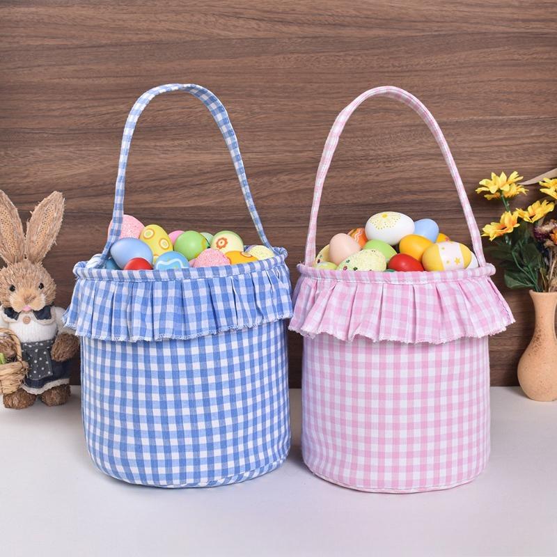 1pcs Gingham Easter Basket for Party Decoration Cotton Canvas Gift Candy Storage Bag with Handles Gingham Fabric